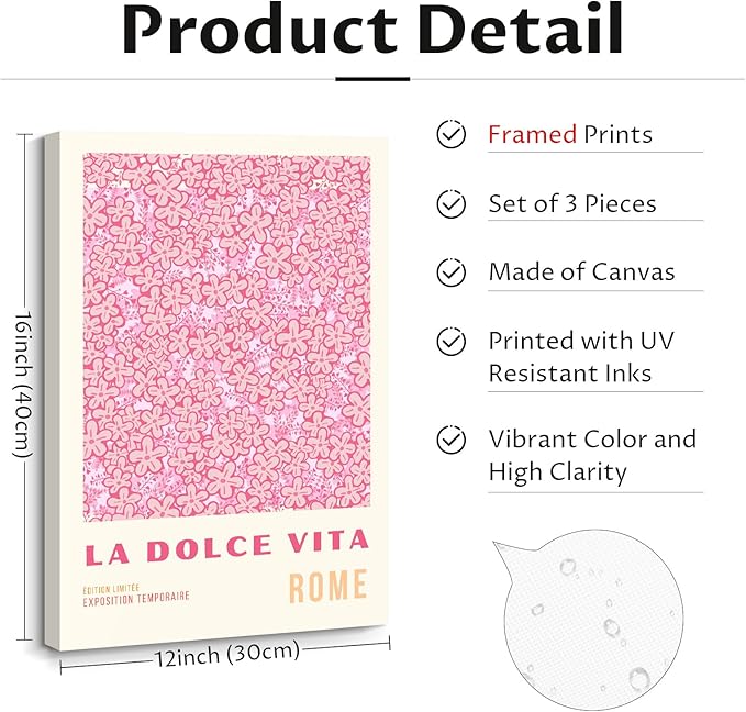 Pink Flower Market Wall Art Decor Aesthetic Abstract Canvas Floral Minimalist Wall Art Pictures Orange Floral Prints Artwork Botanical Flower Poster Colorful Painting 12x16 Inch Framed Set of 3
