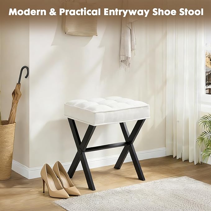Modern Square Foot Stool Ottoman, Upholstered Vanity Chair with Metal X-Legs & Soft Linen Fabric - Versatile Seat and Footrest for Makeup, Living Room, Bedroom& Entryway(X-Black-White)