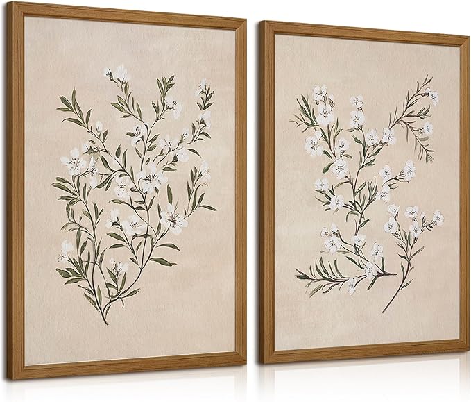 Vintage Botanical Wall Art Neutral Floral Prints Farmhouse Flower Canvas Wall Decor Watercolor Wildflower Pictures Nature Minimalist Artwork for Living Room Bedroom 24x36 Inch Wood Framed Set of 2