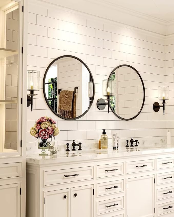 Growsun 28'' Black Round Mirror for Bathroom, Circle Bathroom Mirror for Wall, Entryway Living Room with Metal Frame for Home Decor