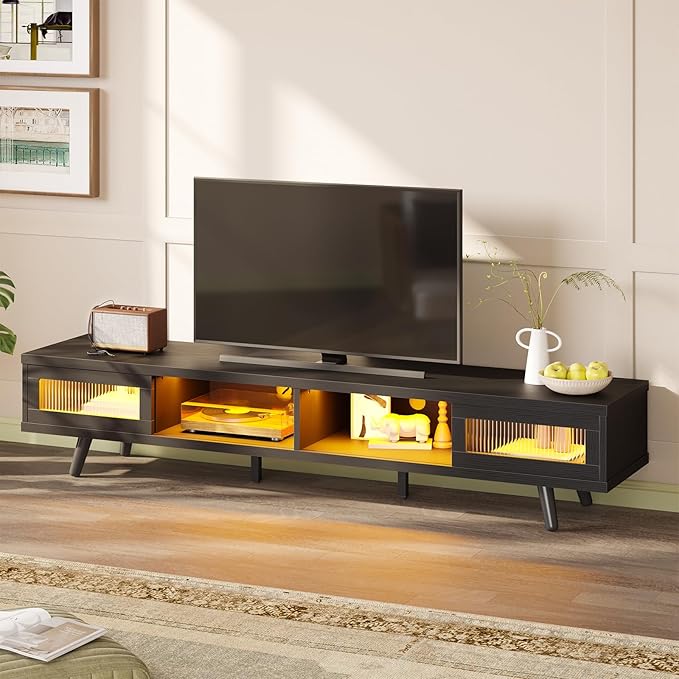 Bestier Mid Century Modern TV Stand for 75 inch TV, LED Entertainment Center with Storage and Sliding Doors, Low Profile TV Consoles for Living Room, Embossed Black