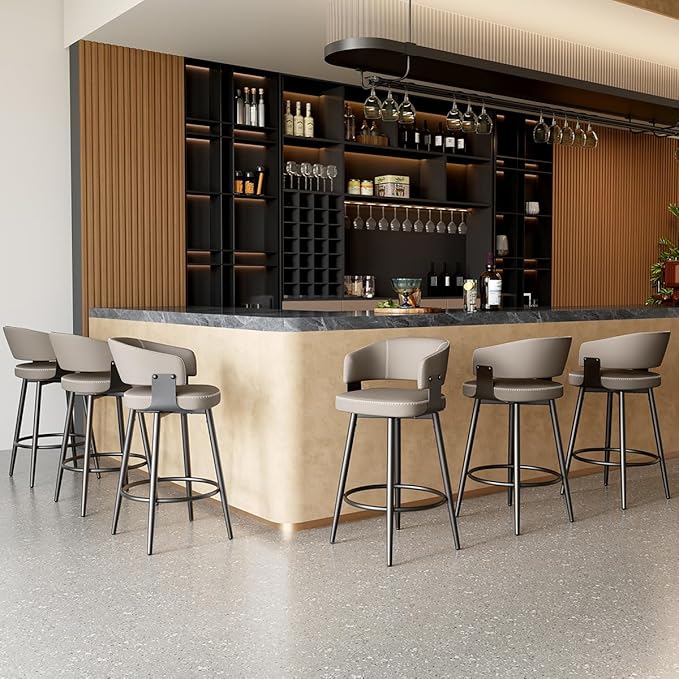 Bar Stools Set of 6, 30" Swivel Bar Height Bar Stools with Curved Back, Mid-Century Modern Faux Leather Bar Chairs with Stitching for Kitchen Island, Dining, Living Room, Matte Gray