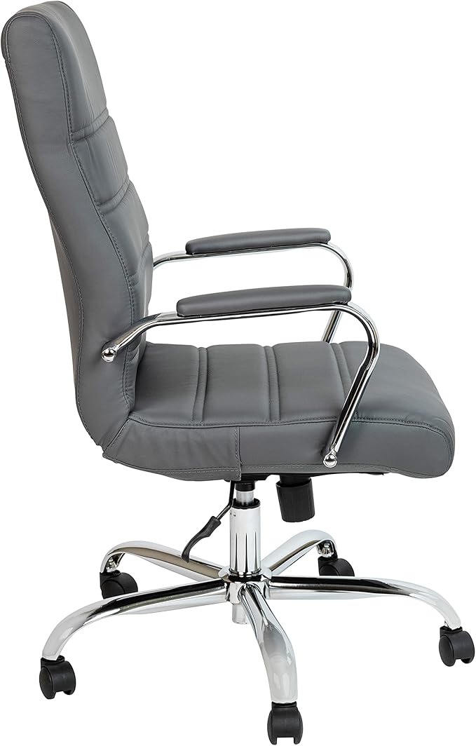 Flash Furniture Whitney High-Back Swivel LeatherSoft Desk Chair with Padded Seat and Armrests, Adjustable Height Padded Office Chair, Gray/Chrome