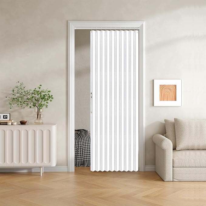Jilron 100% Blackout Fabric Folding Door Curtain with Magnetic Closure - Accordion Style for Sliding Doors, Closets,Wardrobe and Temporary Door Solutions Doorway Curtains（W42 x L78, White，1 Panel）