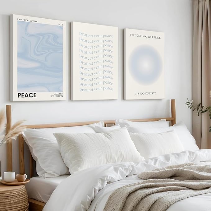 Blue Aura Wall Art Decor Retro Aesthetic Canvas Wall Art Pastel Abstract Pictures Prints Preppy Gradient Spiritual Poster Trendy Artwork Blue Painting for Room Bedroom 16x24 Inch Framed Set of 3