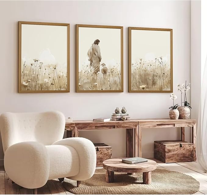 Jesus Leaves the 99 Sheep Wall Art Christian Canvas Poster Jesus and Lamb Wall Decor Religious Pictures Lost Sheep Painting God Christ Painting Artwork for Bedroom Living Room 12x16x3 Inch Wood Framed
