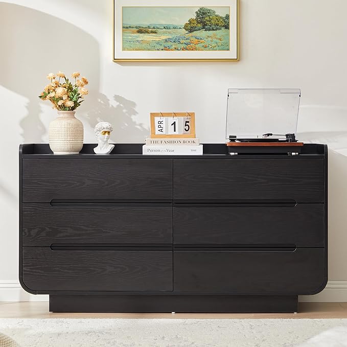 Curved 6 Drawer Dresser for Bedroom, Modern 53-Inch Chest of Drawers, Wood Storage Dresser Organizers with Hidden Handles, 6 Drawer Dressers for Bedroom, Nursery, Living Room, Black