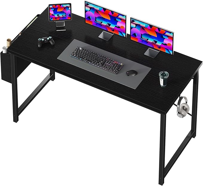 OLIXIS Computer Desk 55 Inch Home Office Desks for Small Spaces, Gaming Writing Study Work Table with Storage Bag and Headphone Hook for Bedroom, Black