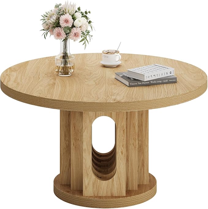 knoworld 31.5" Round Coffee Table, Small Wooden Circle Center Table Hole Panel Splice Design Coffee Tables for Living Room, Thickened Edge MDF Board, Natural Oak