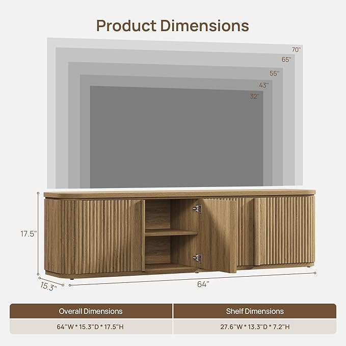SICOTAS TV Stand for TVs up to 70" - Mid Century Modern Fluted Entertainment Center with Storage and Adjustable Shelves, Long Media Console Cabinet with Solid Wood Handles for Living Room