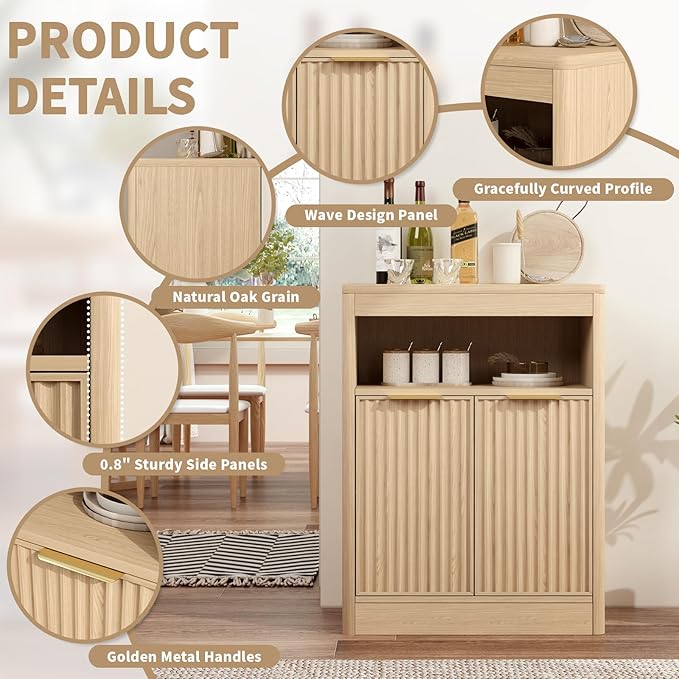 Fluted Buffet Cabinet with Storage, Small Coffee Bar Cabinet with Doors & Adjustable Shelves, Wood Storage Cabinet for Kitchen, Living Room, Entryway, Oak