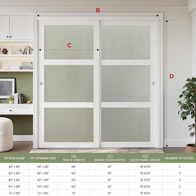 SMARTSTANDARD Sliding Closet Door 48x80(Double 25") Inch, Bypass Frosted Glass 3-Lite,Hardware Kit with Handles Included, Preassembled MDF with PVC Panels for Easy Install, White
