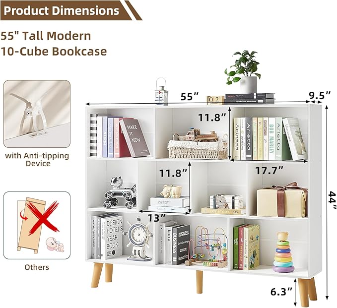 LEYAOYAO 10 Cube Bookshelf, 3 Tier Vintage 55" Wide Bookcase with Legs, Mid-Century Wood Bookshelves Storage, White Large Book Case, Freestanding Organizer Display Shelf for Living Room, Office