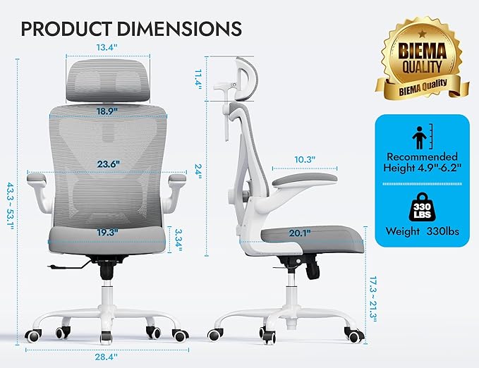 Ergonomic Office Chair: White Computer Desk Chair Comfy Gaming Chair for Adults - Office Chair with Lumbar Support & Headrest - Executive Office Rolling Chairs for Home Work (Grey)