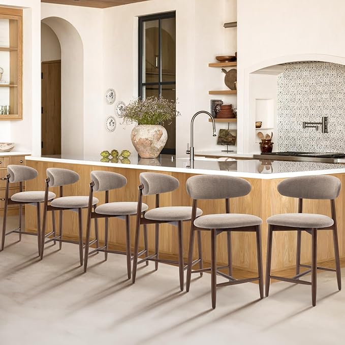 Upholstered Counter Height Bar Stools Set of 6, Kitchen Island Stools with Back, Modern Counter Stools Island Bar Chairs with Wood Legs for Kitchen Island Dining Room Bar, Camel