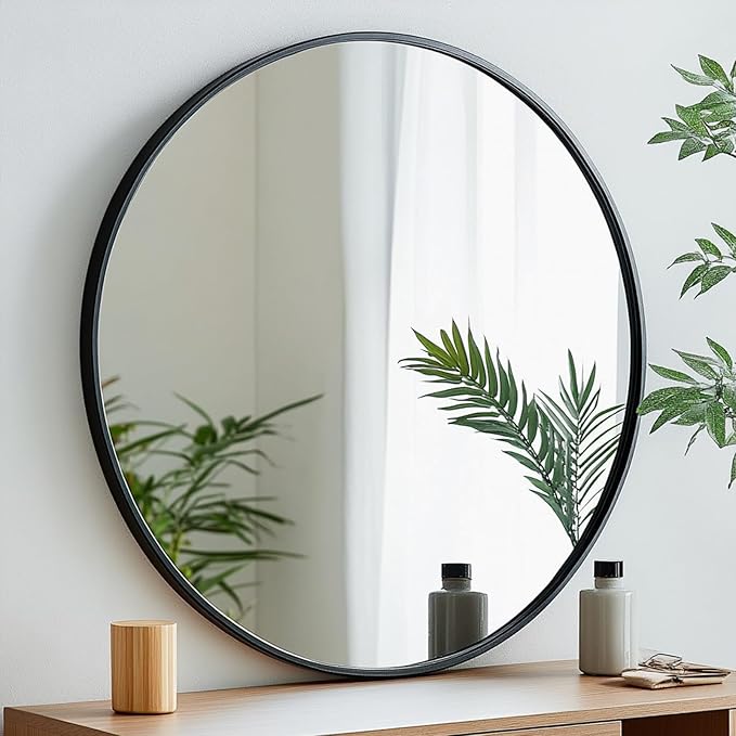 Oruii Round Mirror, Black Round Mirror 24 inch, Circle Wall Mirrors Metal Frame, Circular Mirrors for Wall, Living Room, Bathroom, Vanity, Entryway, Hallway