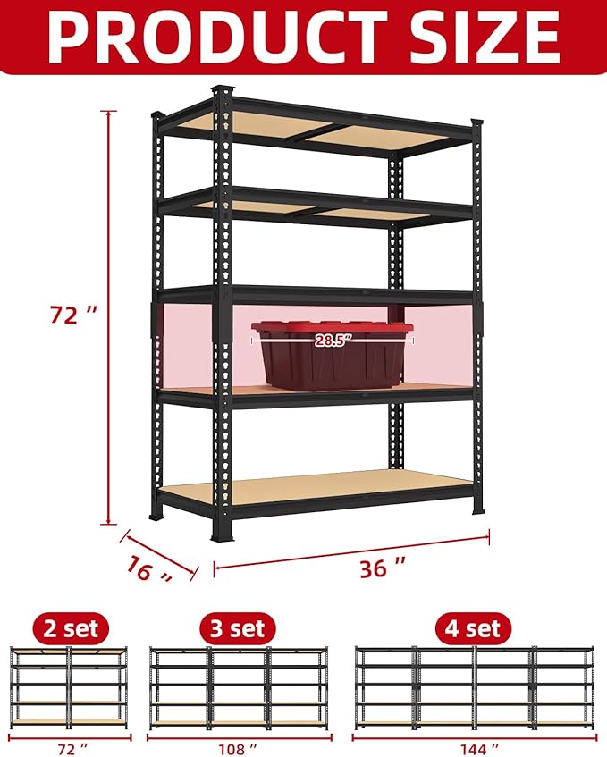 PrimeZone 36" x 16" x 72" Heavy Duty Storage Shelves - 5 Tier Adjustable Garage Storage Shelving, Metal Storage Utility Rack Shelf Unit for Warehouse Pantry Closet Kitchen, Black