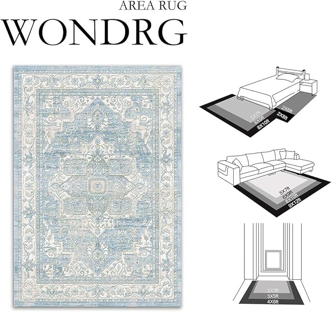 8x10 Washable Vintage Area Rug Blue Oriental Living Room Bedroom Throw Rug Neutral Non Slip Soft Low Pile Carpet for Dining Room Office Nursery Indoor