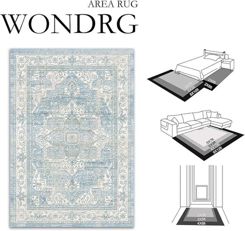 8x10 Washable Vintage Area Rug Blue Oriental Living Room Bedroom Throw Rug Neutral Non Slip Soft Low Pile Carpet for Dining Room Office Nursery Indoor