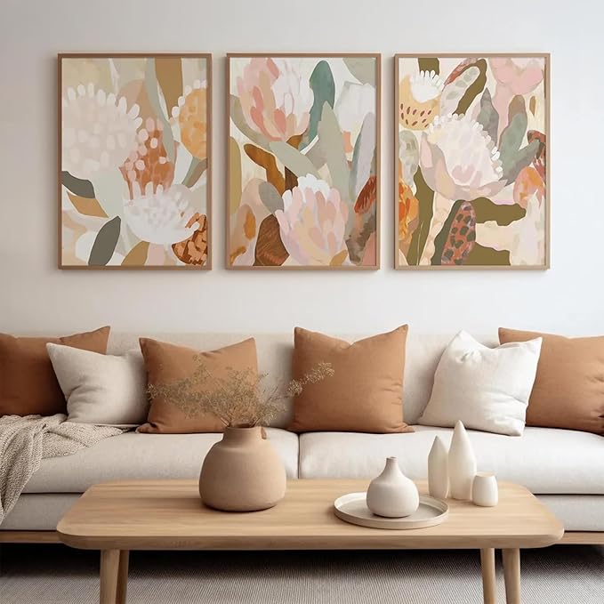 Abstract Flower Wall Art Boho Floral Wall Decor Modern Botanical Canvas Prints Neutral Banksia Flower Pictures Minimalist Floral Poster Painting for Bedroom Living Room 16x24 Inch Unframed Set of 3