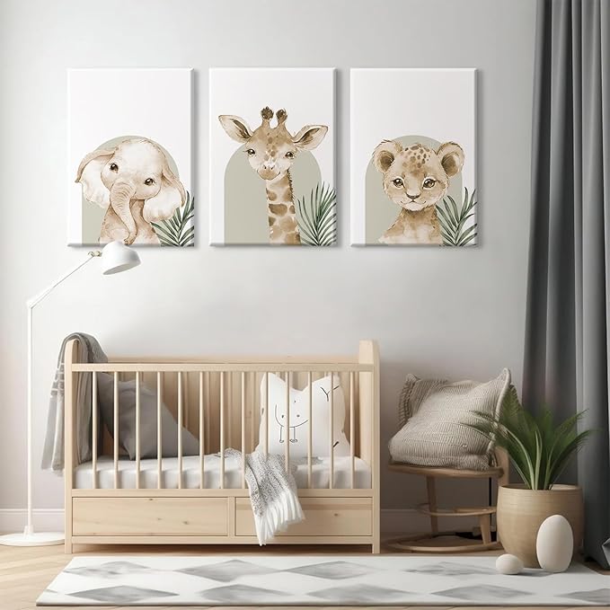 Nursery Animal Wall Art Decor Safari Jungle Nursery Pictures Baby Boy Room Canvas Wall Decor Woodland Animals Prints Safari Giraffe Artwork for Boys Kids Bedroom 12x16 Inch Wrapped Canvas Set of 3