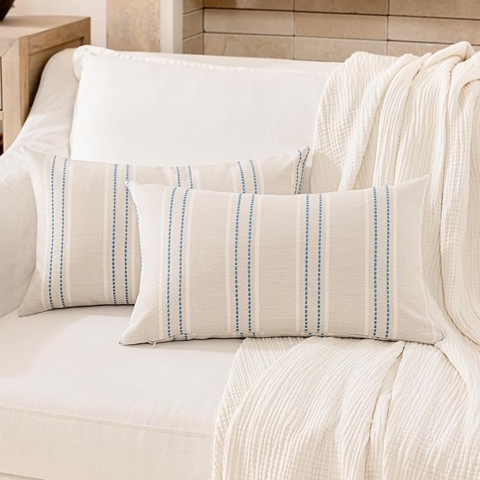 Hckot Throw Pillow Covers 12x20 Set of 2 Blue Pillow Covers Farmhouse Decorative Pillows Textured Linen Square Cushion Covers for Sofa Couch Bed Living Room Decor(Lake Blue)