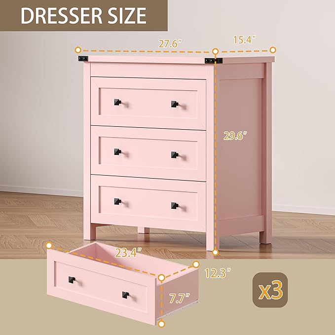 BORNOON 3-Drawer Dresser, Small Wooden Chest of Drawers with Metal Knobs, Water-Resistant Top, Storage Organizer with Anti-Tip Kit for Bedroom, Nursery, Living Room