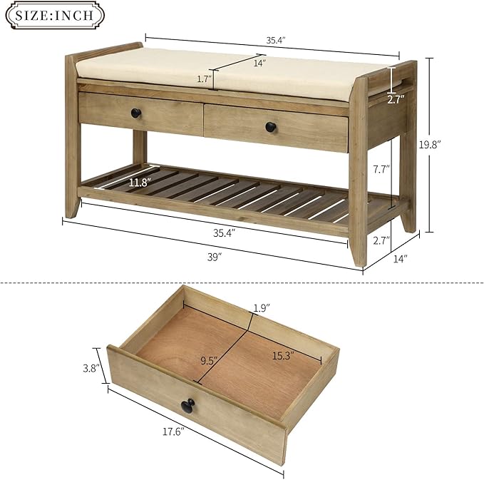 LUMISOL Storage Bench, Shoe Rack with Upholstered Seat and 2 Drawers, Solid Wood Entryway Storage Bench with Shoe Rack for Entryway, Living Room, Bedroom, Antique Navy