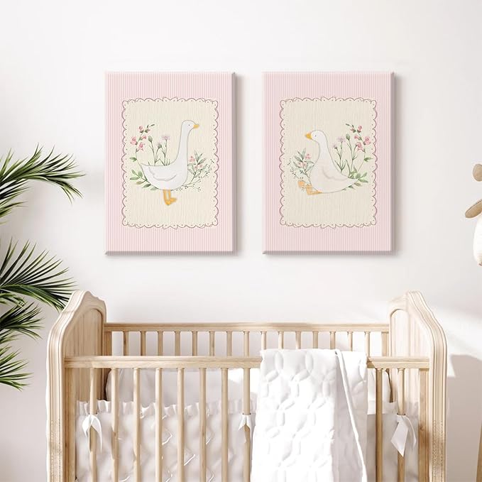 Vintage Nursery Wall Art Silly Goose Canvas Poster Pink Coquette Wall Decor Girls Room Pictures Baby Kids Poster Cute Animal Prints Floral Painting Artwork for Gallery Bedroom 12x16 Inch Ready to Hang