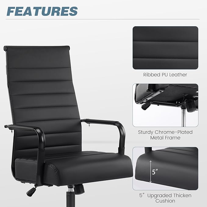 Office Desk Chair, Modern Leather Conference Room Chairs with High Back,Wheels and Arms, Ergonomic Executive Ribbed Height Adjustable Swivel Chair for Home Office (Black Frame)