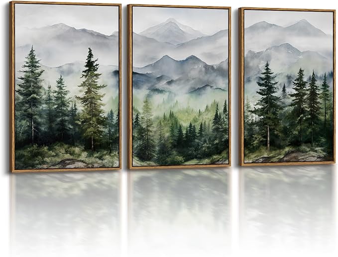 Misty Mountain Framed Canvas Wall Art 16"x24"x3, Living Room Bedroom Office Modern Nature Wall Decor, Rustic Serene Forest Landscape Canvas Art Prints Set Framed Forest Paintings