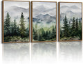 Misty Mountain Framed Canvas Wall Art 16"x24"x3, Living Room Bedroom Office Modern Nature Wall Decor, Rustic Serene Forest Landscape Canvas Art Prints Set Framed Forest Paintings