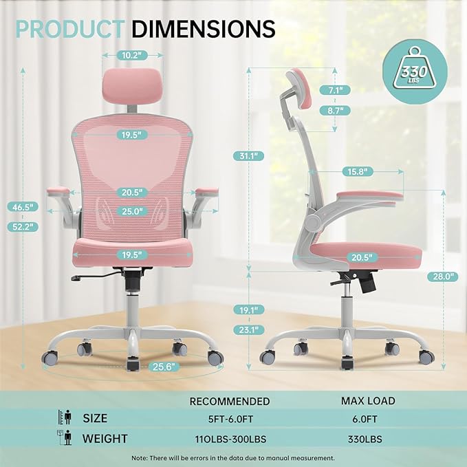 Office Chair Ergonomic Desk Chair, 330LBS Capacity, High Back Computer Design for Long Hours Comfort, Rolling Swivel Executive Task for Home Office with Flip-up Armrests, Grey Pink