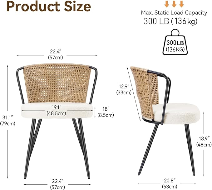 BedsPick Rattan Dining Chairs Set of 4 - Farmhouse Upholstered PE Rattan Kitchen Chair with Boucle Cushion, Wingback Dining Room Seat with Cane Back and Metal Legs for Home, Kitchen (Brown)