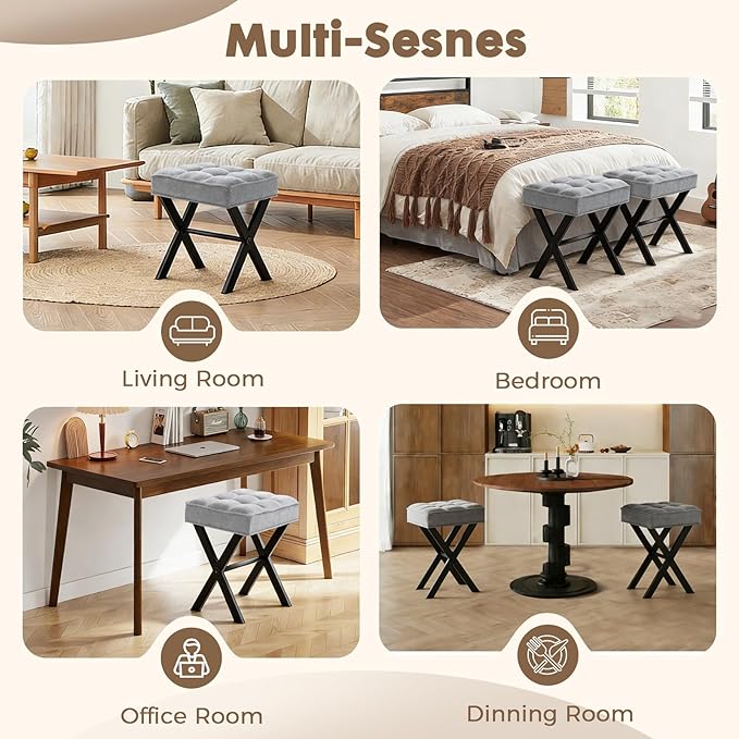 Modern Square Foot Stool Ottoman, Upholstered Vanity Chair with Metal X-Legs & Soft Linen Fabric - Versatile Seat and Footrest for Makeup, Living Room, Bedroom & Entryway (X-LightGray)