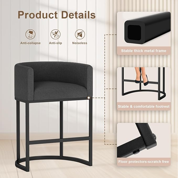 26" H Counter Height Bar Stools Set of 4, Modern Barrel Counter Stools with Backrest and Arms, Linen Fabric Upholstered Accent Barstools for Kitchen Island,Support 450 LBS (Carbon Black)