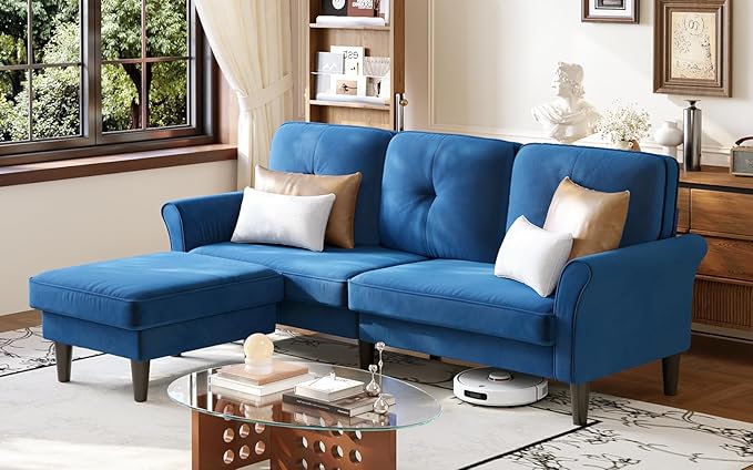 Welzona Sofas for Living Room, 83" Velvet Sectional Couch with Moveable Ottoman, Midcentury Modern Small Sectional Couch, L Shape Sofa & 2 Seater, Couches for Living Room, Apartment, Bedroom