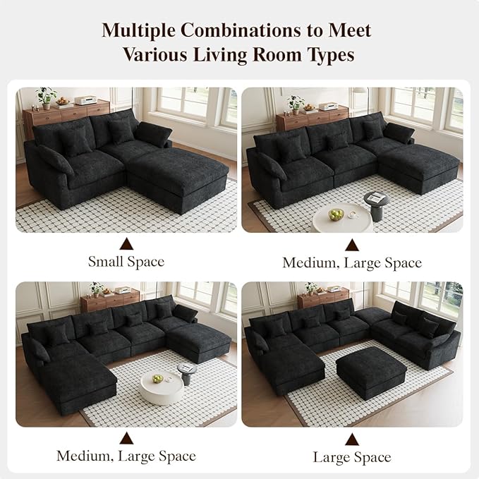 Modular Sectional Sofa Cloud Couch, 155.9" Oversized 4 Seater Sofa Couch with Pillows, Linen Blend Fabric Minimalist Deep Seat Couches for Living Room, Sofa Covers Washable&Removable, Black
