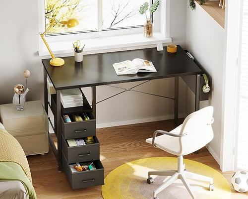 AODK 40 Inch Small Computer Desk with Fabric Drawers, Kids Study Desk for Bedroom, Home Office Desk with Storage Shelf & Bag for Small Space, Black