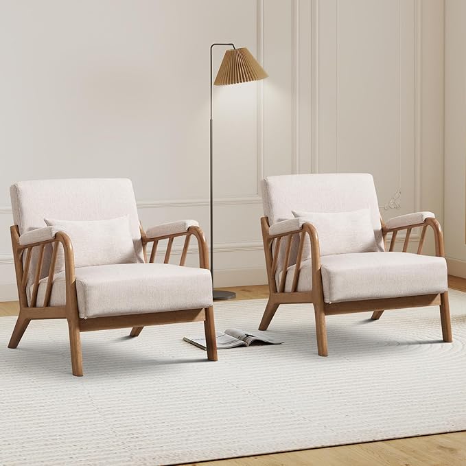 IOMOR Mid Century Modern Accent Chair with Solid Wood Frame Linen Fabric, Upholstered Living Room Chairs with Lumbar Cushion Padded Arms, Reading Armchair for Bedroom (2, Warm Beige)