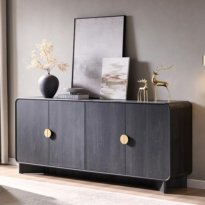 IFGET Modern Buffet Cabinet with Storage, 70" Large Sideboard Buffet Storage Cabinet with 4 Doors and Adjustable Shleves, Wooden Curved Coffee Bar for Dining Room, Kitchen, Living Room, Dark Grey