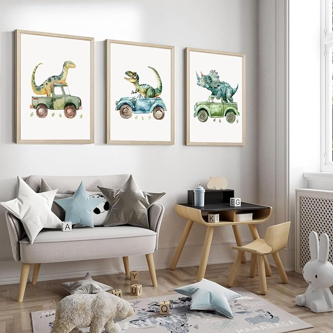 Dinosaur Nursery Wall Art Kids Canvas Poster Baby Boy Nursery Wall Decor Green Dino Pictures Toddler Prints Cartoon Dino Car Painting Boys Room Artwork for Bedroom Bathroom 16x24x3 Inch White Framed