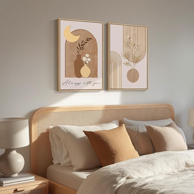 Framed Neutral Boho Wall Art for Bedroom, Set of 2 Modern Elegant Moon Canvas Prints, Mid Century Modern Minimalist Artwork for Living Room Hallway Office Kitchen Office Aesthetic Wall Decor, 20x30 In