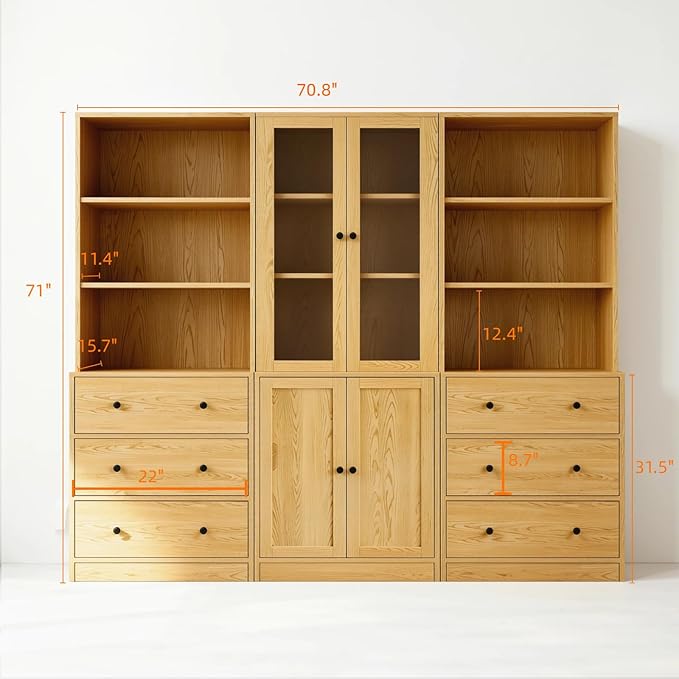TUSY 71" H Bookshelf with Storage, 6-Tier Modern Bookshelves with 3 Large Drawer, Display Bookcase with Glass Doors, Modern 5-Tier Curio Cabinet for Home Office, Dining Room (Wood, ABA)
