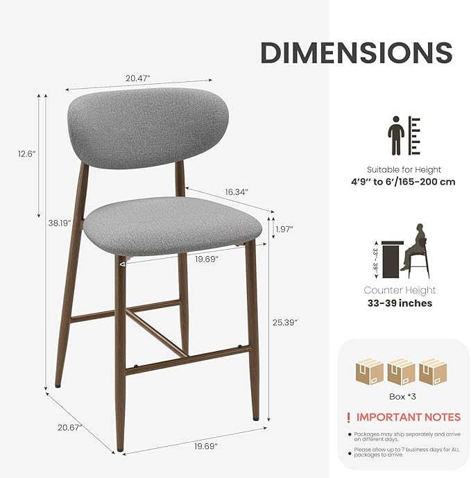 MALOL Bar Stools Set of 6, Counter Height bar stools, Kitchen Bar Stools with Backs, Modern Upholstered, Modern Bar Stools with Metal Legs for Kitchen Island, Counter, Light Grey