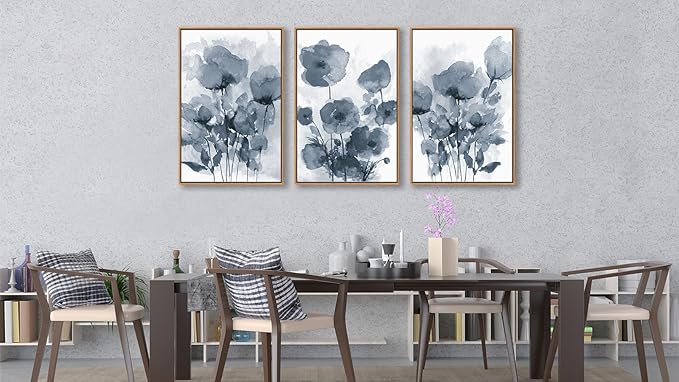 arteWOODS Botanical Framed Wall Art - Abstract Watercolor Style Pictures Grey Blue Floral Wall Decor Minimalist Prints Aesthetic Flowers Painting Artwork 16" x 24" Set of 3 Natural Framed