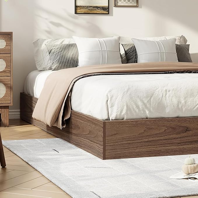California King Size Solid Wood Platform Bed with Sturdy Wooden Slats, Floor-Standing Bed Frame, Modern Minimalist Design Bed Frame, No Box Spring Needed, Space Saver, Easy Assembly, Walnut Wood
