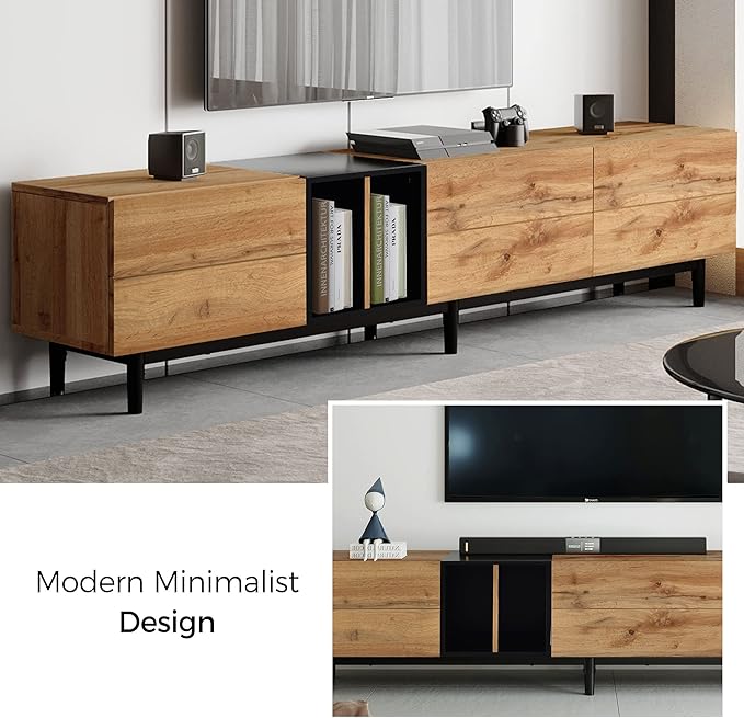 Virubi Modern 76.8" TV Stand for TVs Up to 80", Wooden Entertainment Center with 3 Cabinets & Open Shelves, Media Console with Storage for Living Room, Bedroom & Entertainment Spaces