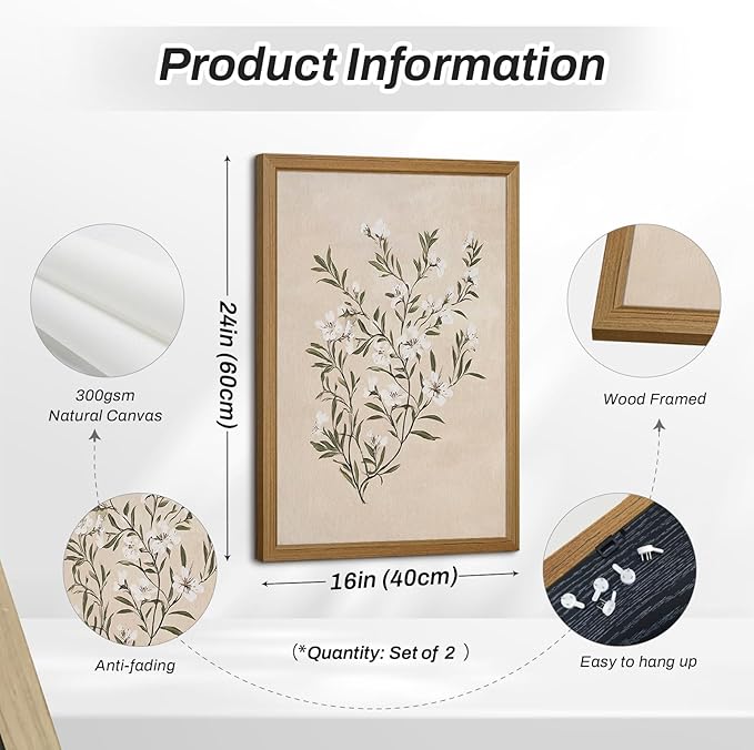 Vintage Botanical Wall Art Neutral Floral Prints Farmhouse Flower Canvas Wall Decor Watercolor Wildflower Pictures Nature Minimalist Artwork for Living Room Bedroom 16x24 Inch Wood Framed Set of 2