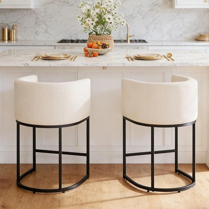 ClinQ 26" H Counter Height Bar Stools Set of 3, Modern Barrel Counter Stools with Backrest and Arms, Black Metal Frames, Linen Fabric Upholstered Accent Barstools for Kitchen Island, Beige